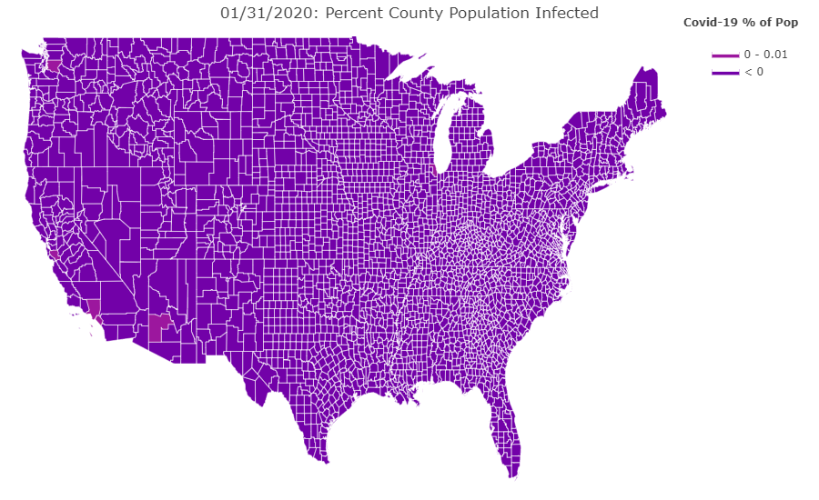 A color coded map of the continental U.S. showing percent county population infected with Covid-19